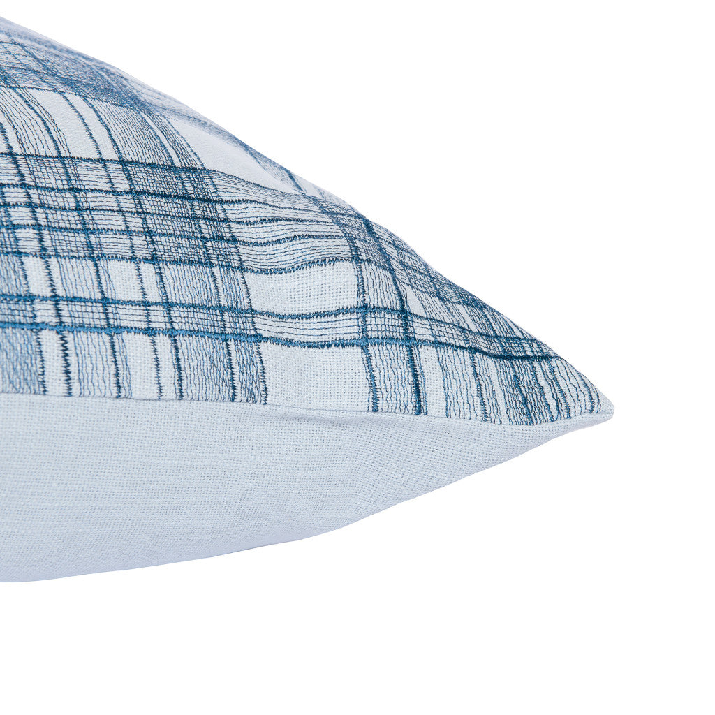 Blue Check Cotton Blend Pillow w/ Embroidery