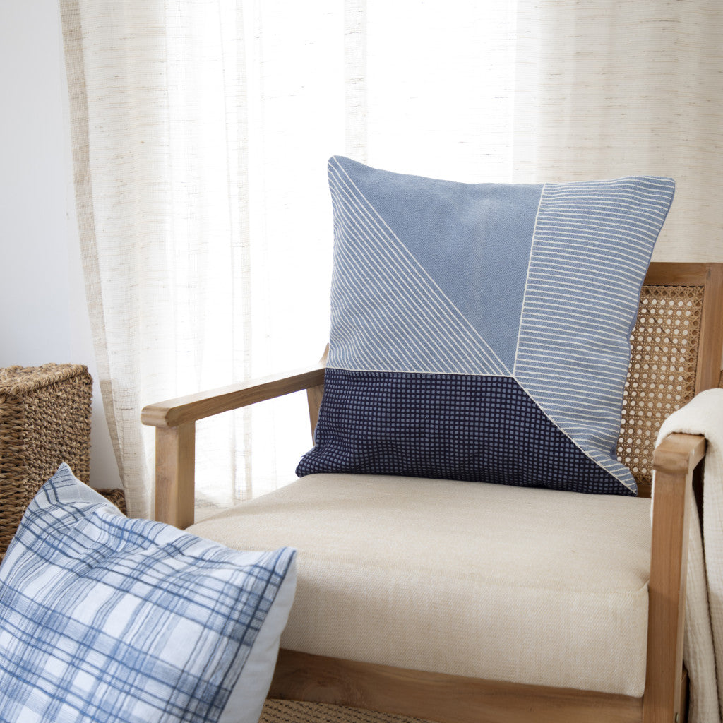 Blue Check Cotton Blend Pillow w/ Embroidery