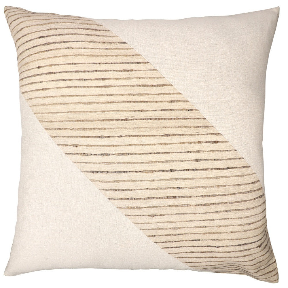 Beige & White Geometric Silk Pillow w/ Embroidery