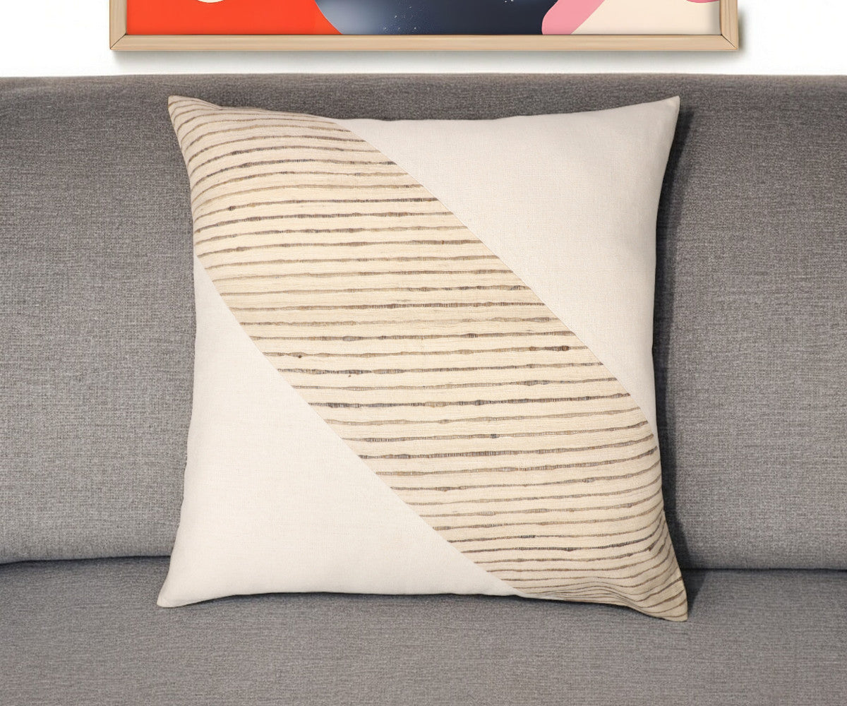 Beige & White Geometric Silk Pillow w/ Embroidery