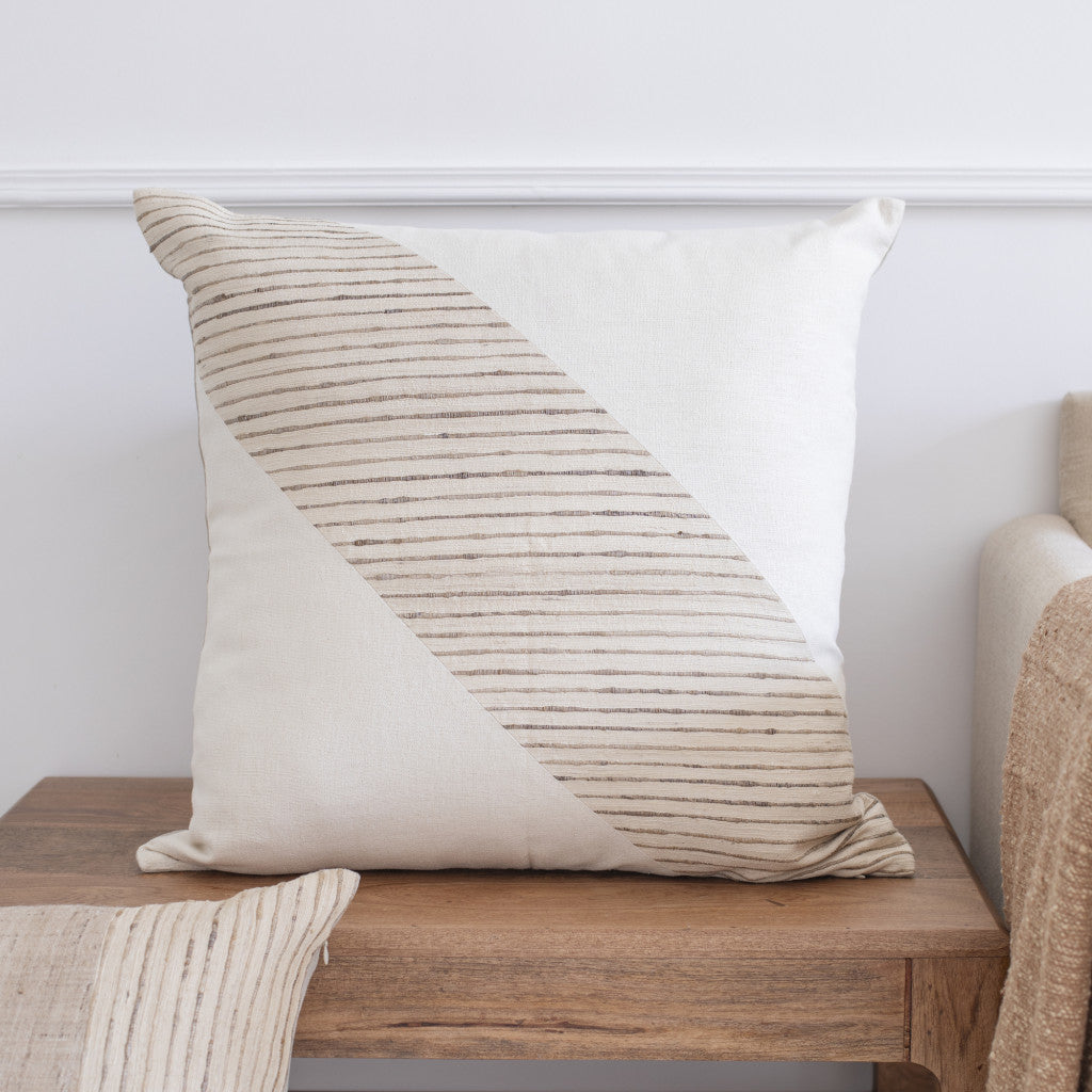 Beige & White Geometric Silk Pillow w/ Embroidery