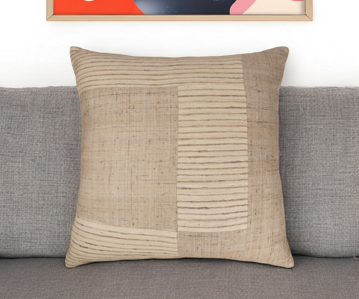 Brown & Beige Geometric Silk Pillow w/ Embroidery