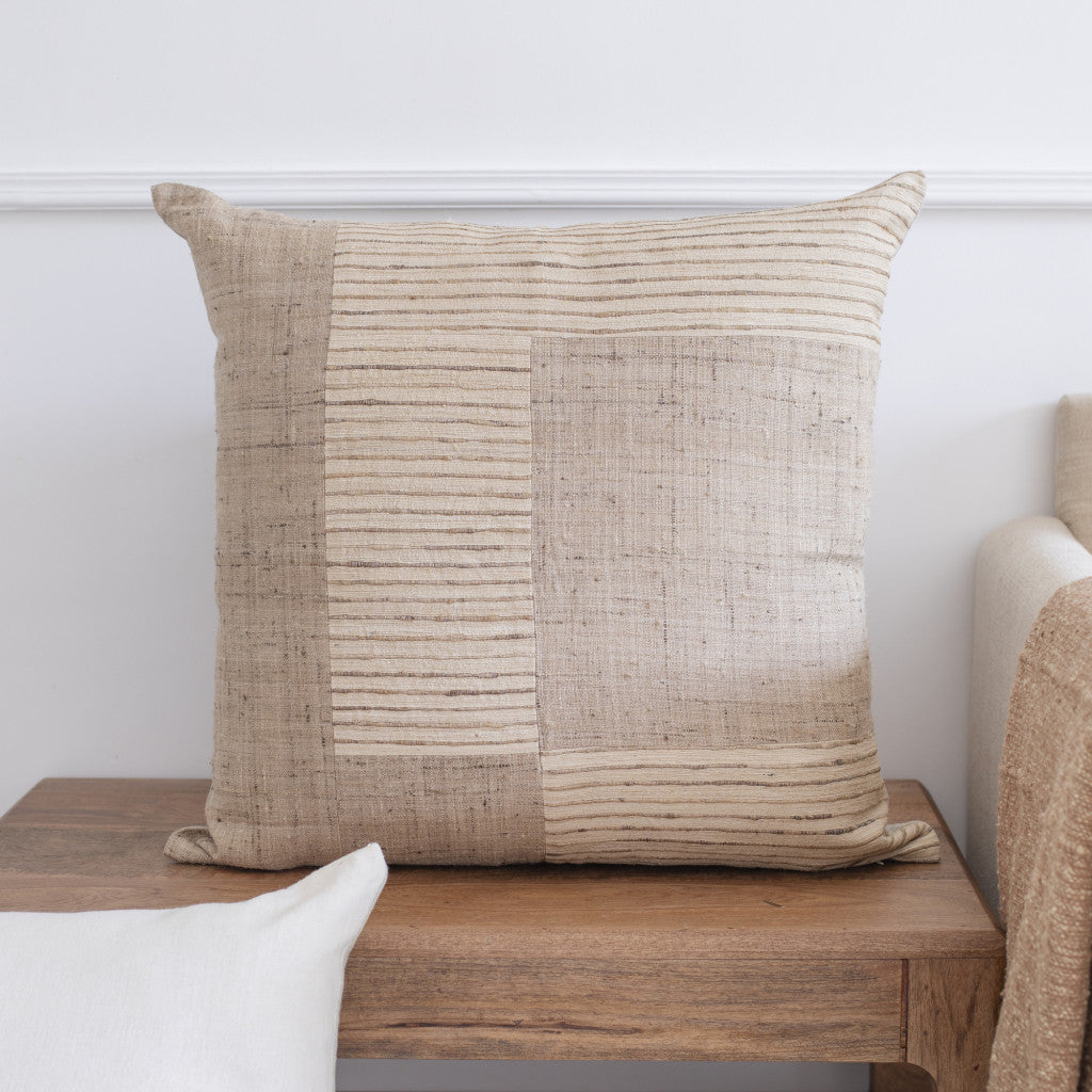 Brown & Beige Geometric Silk Pillow w/ Embroidery