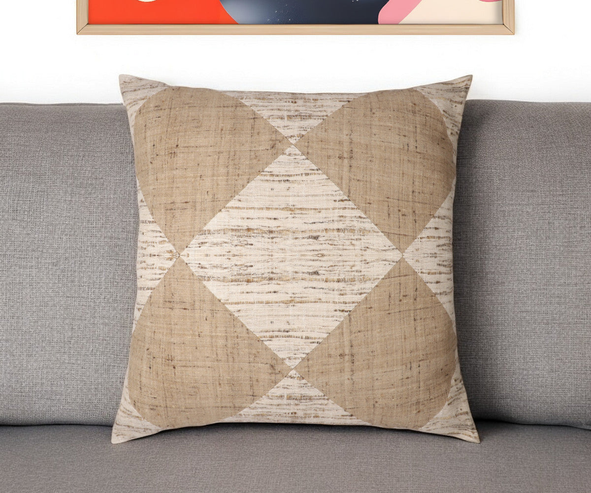 Brown & Beige Diamond Silk Pillow w/ Embroidery