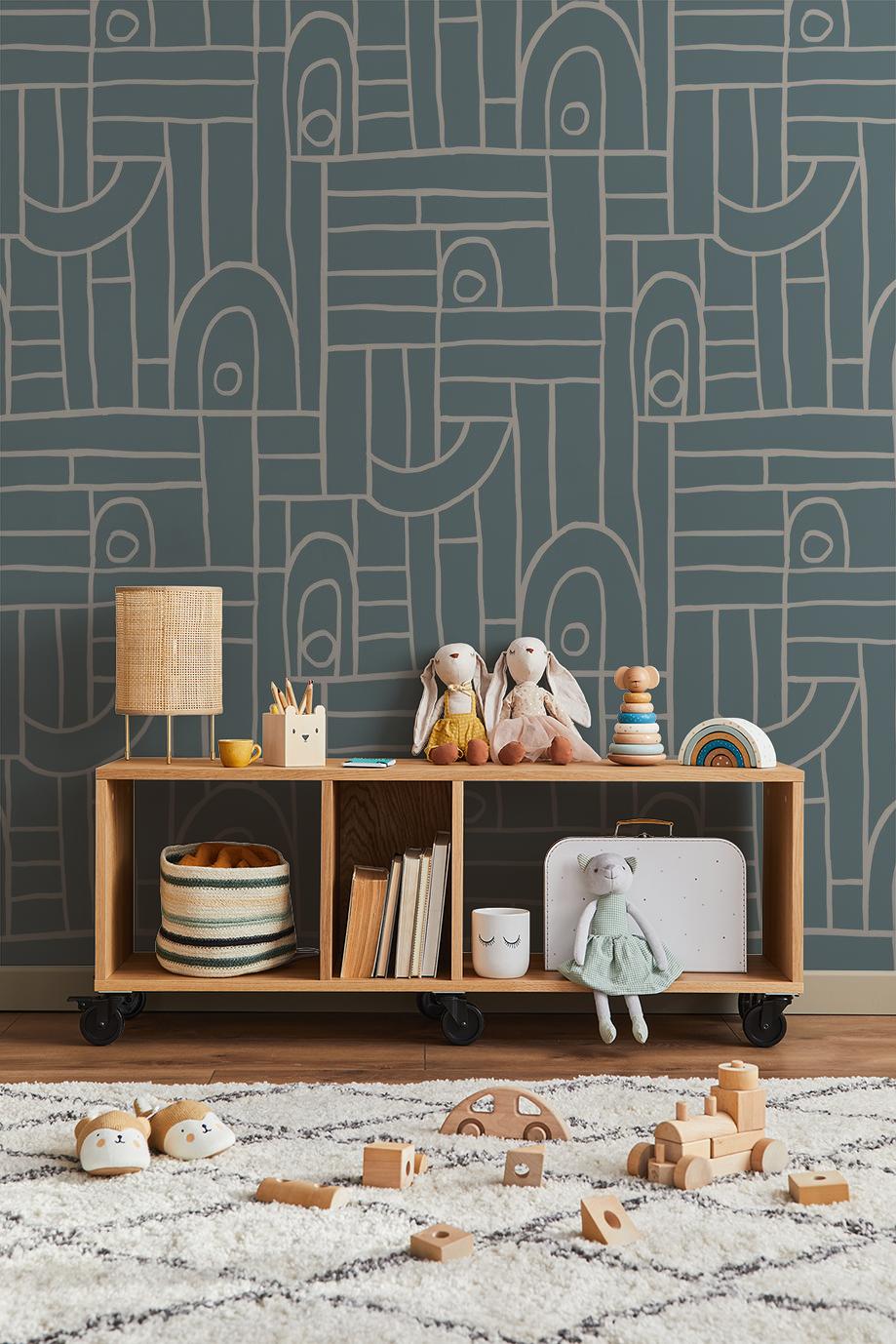 Deco Tile Wallpaper, dusty blue & white
