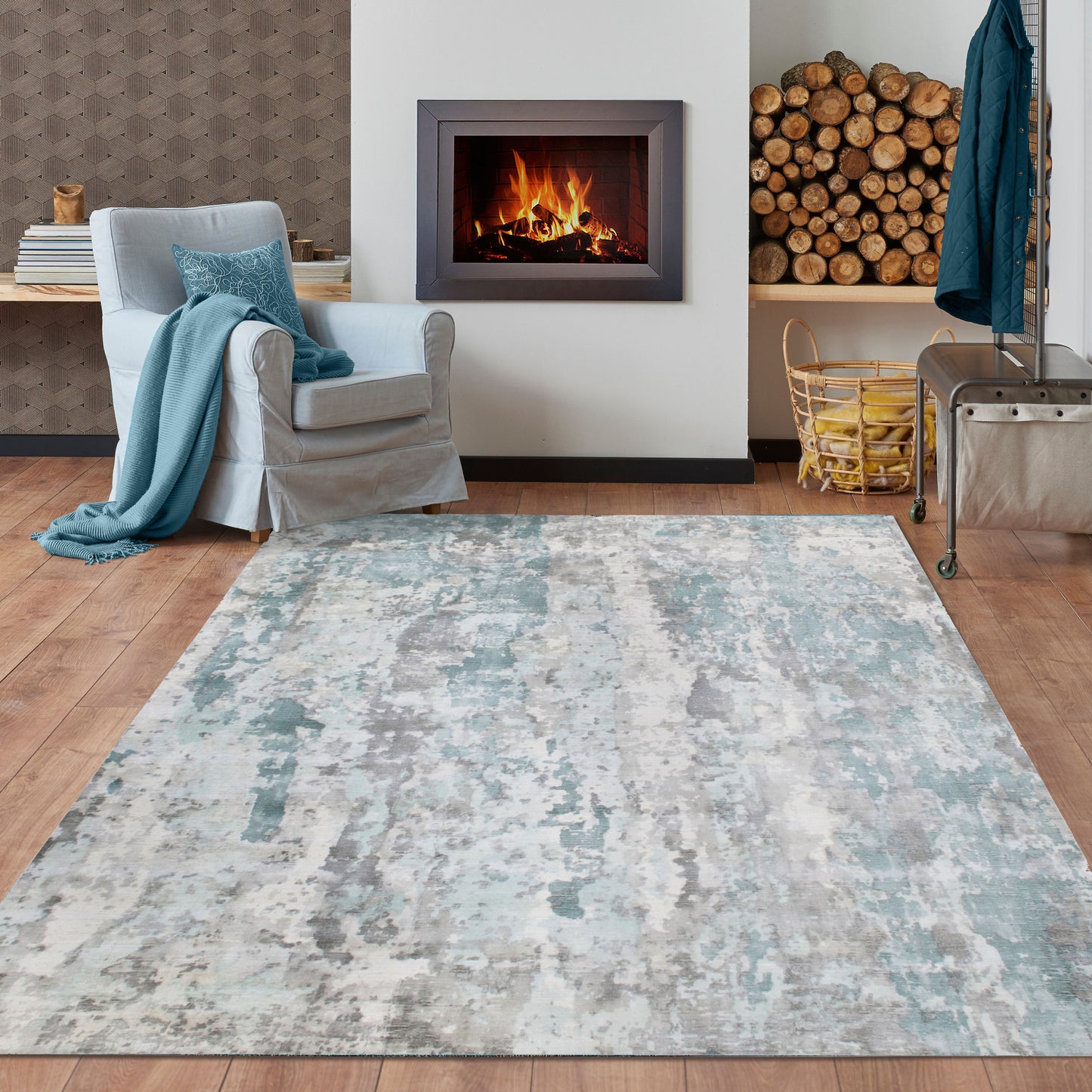 9 x 12 Ivory Blue & Gray Wool Blend Hand Loomed Rug