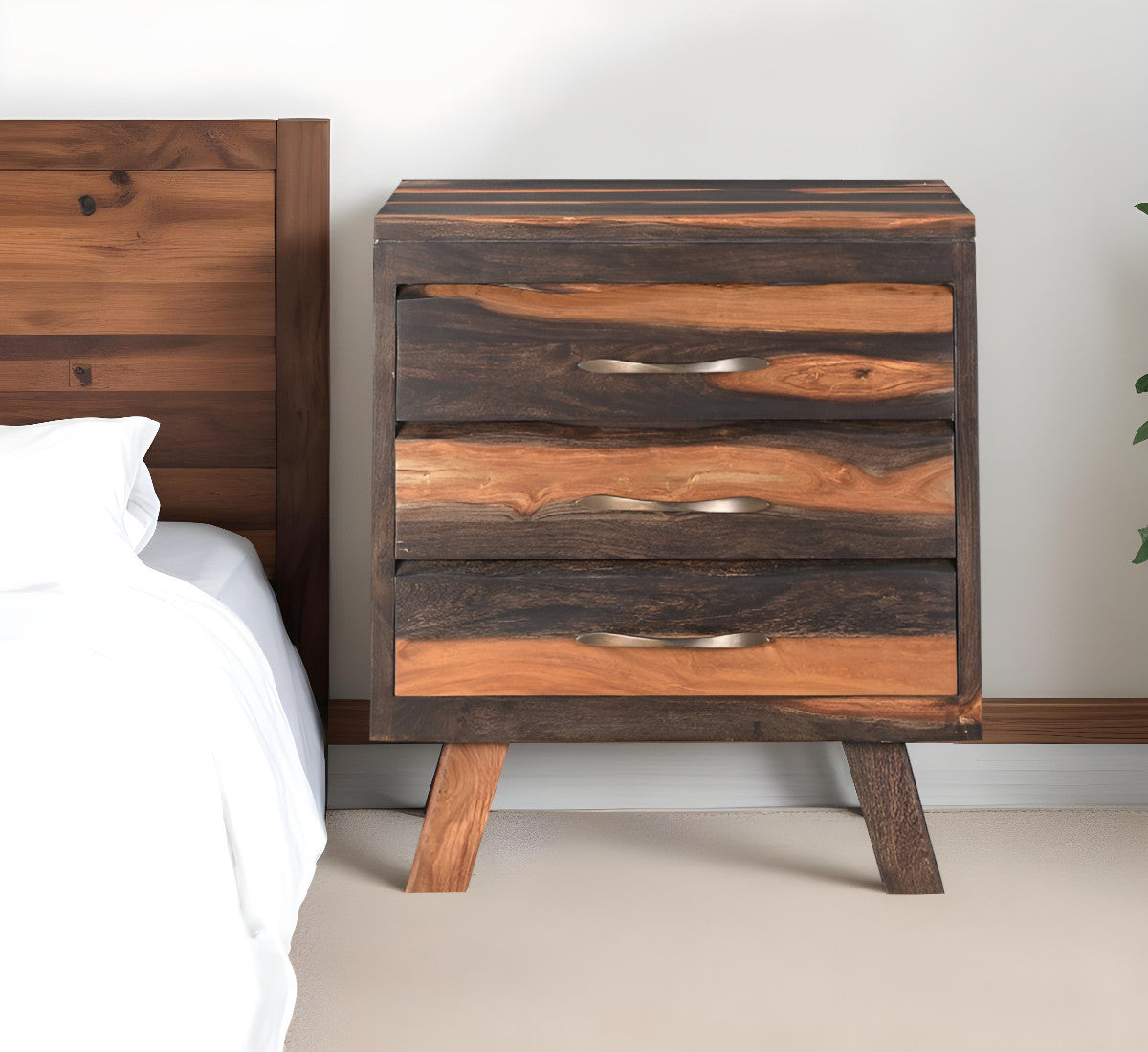 Dark Brown Three Drawer Live Edge Solid Wood Nightstand