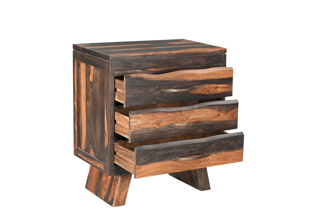 Dark Brown Three Drawer Live Edge Solid Wood Nightstand