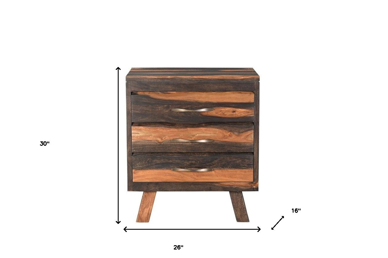Dark Brown Three Drawer Live Edge Solid Wood Nightstand