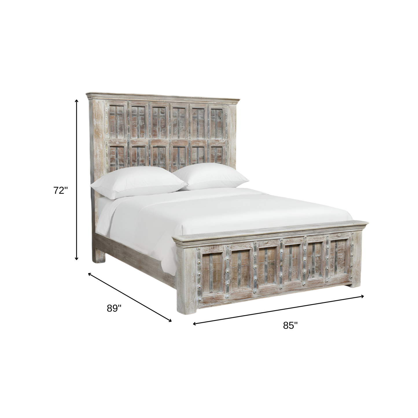 Natural Carved Geometric Distressed Solid Wood King Bed Frame