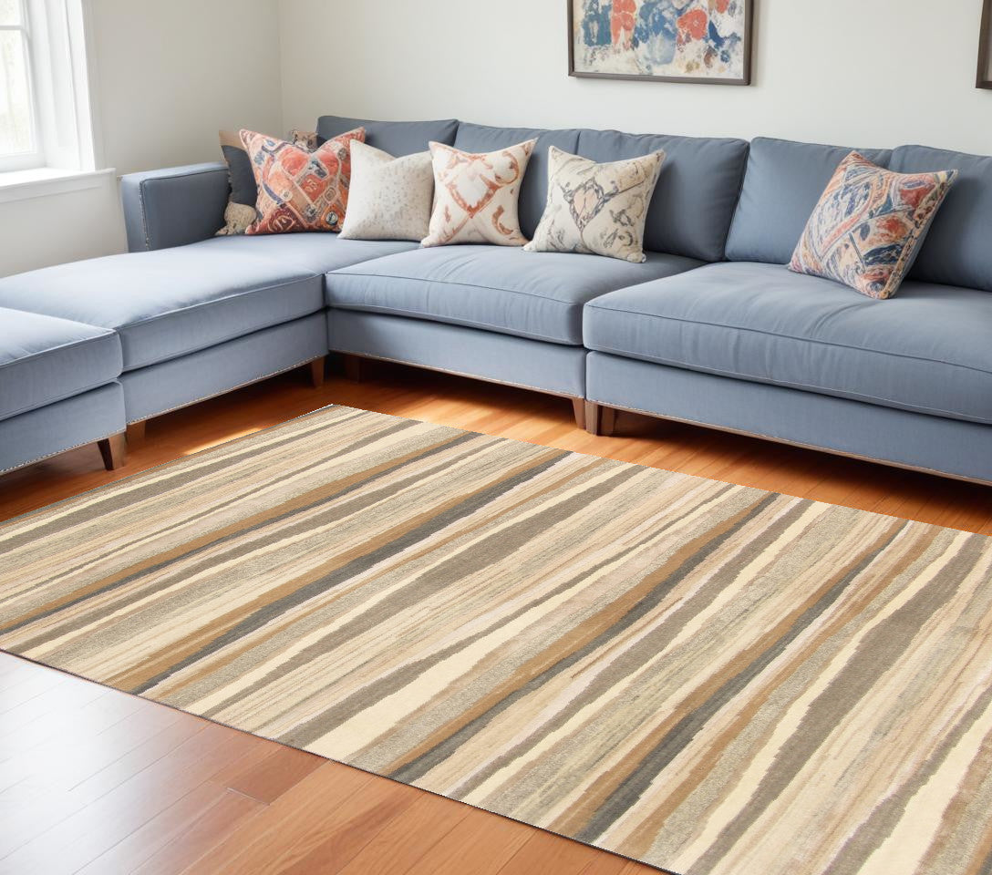 9 x 12 Beige & Brown Wool Stripe Hand Loomed Rug