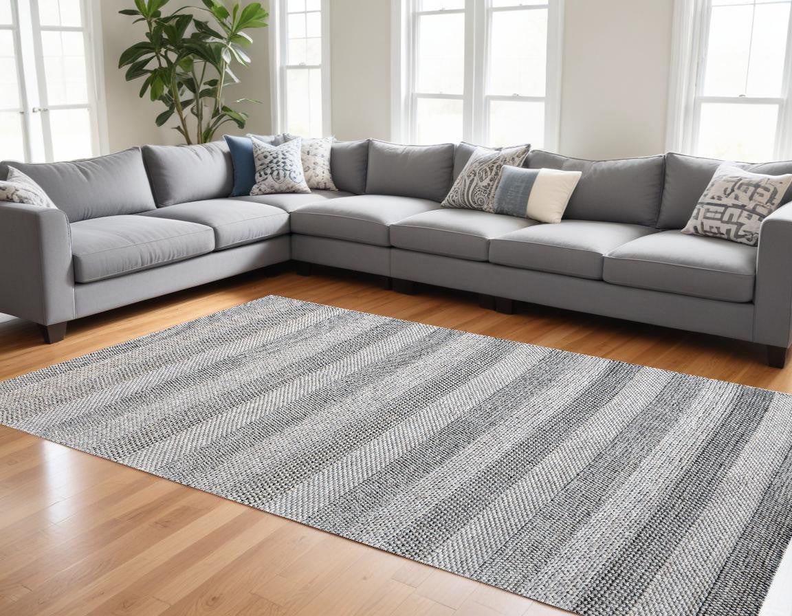 8 x 10 Beige & Gray Wool Blend Striped Hand Loomed Rug
