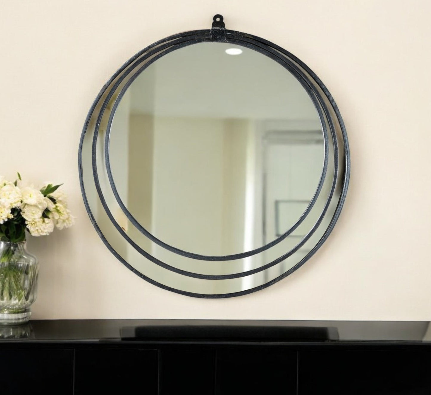 Black Round Metal Framed Accent Mirror