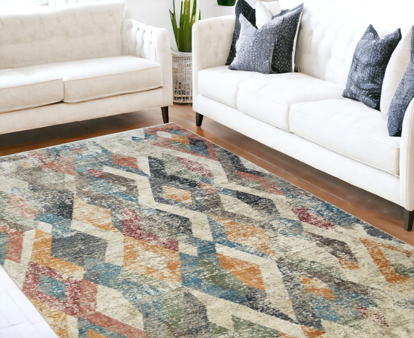 8 x 10 Beige Blue & Gray Geometric Distressed Rug With Fringe