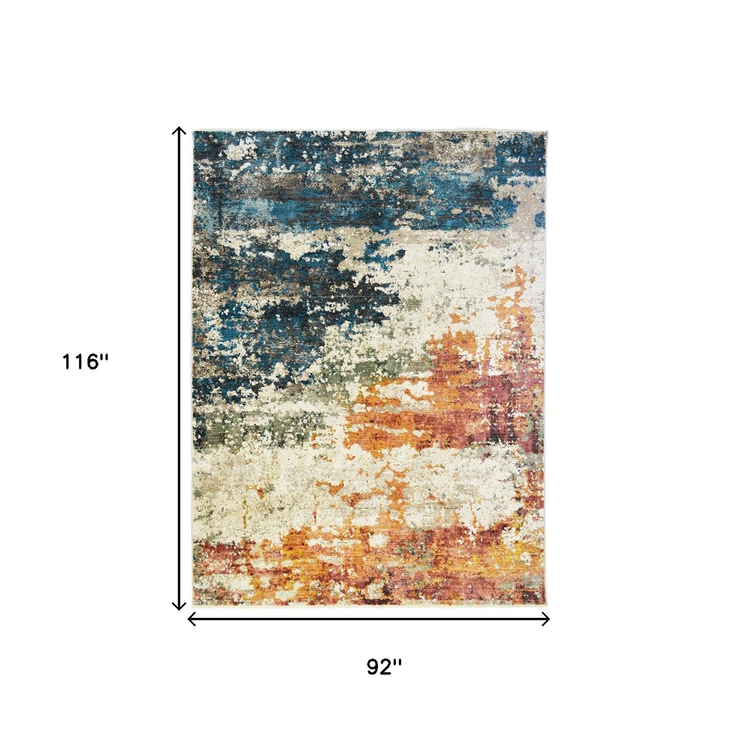 8 x 10 Beige Blue & Ivory Distressed Rug With Fringe