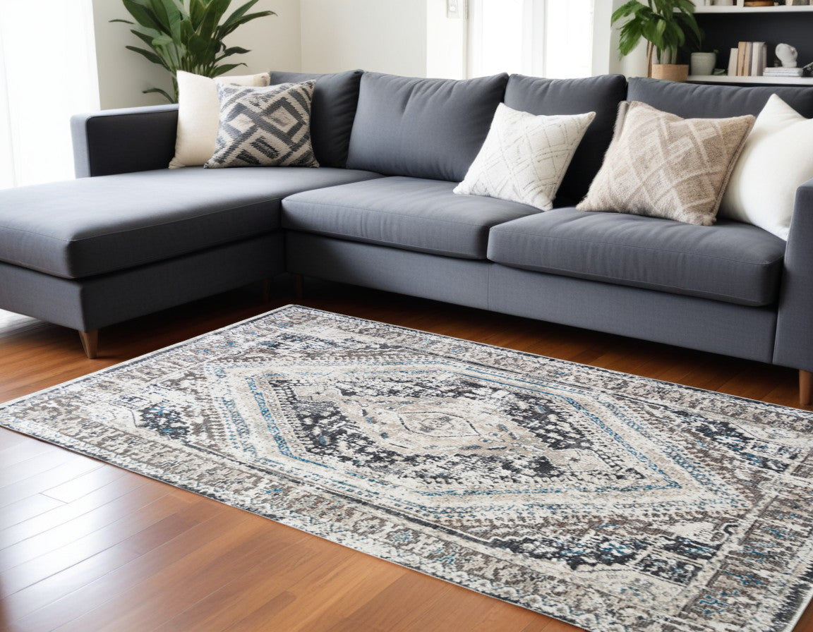 8 x 10 Gray Beige & Blue Geometric Distressed Rug With Fringe