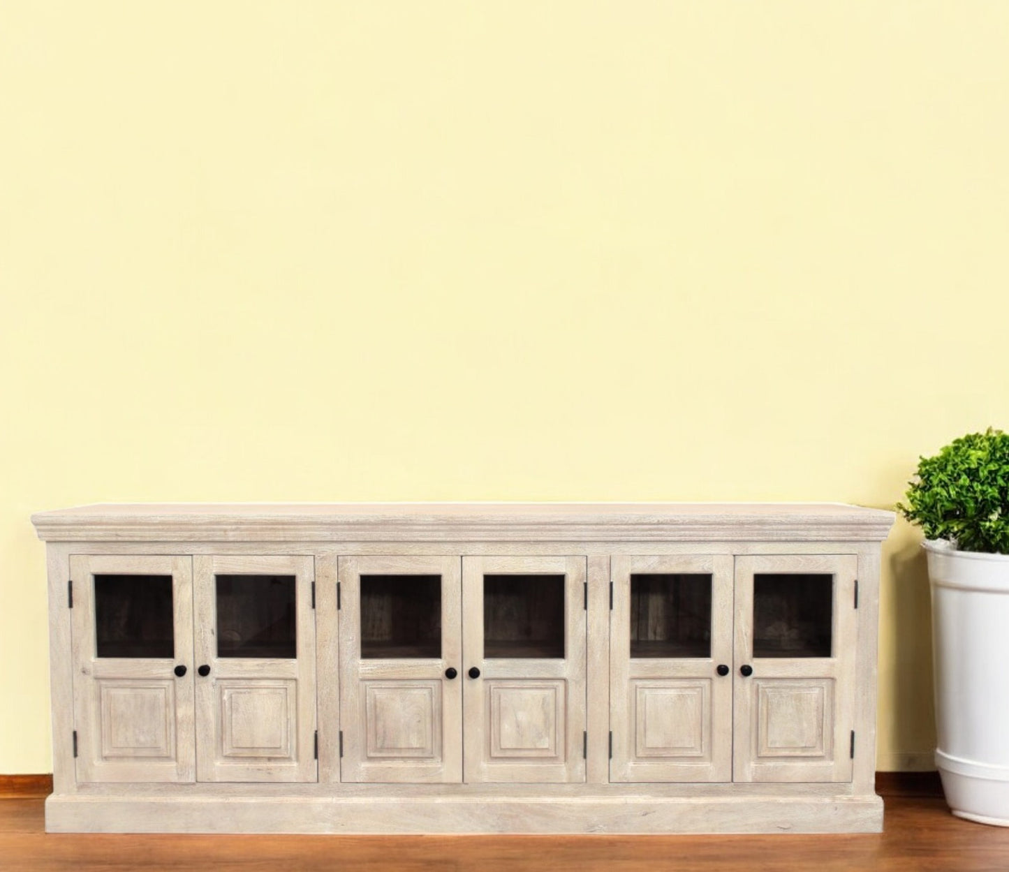 White Solid Wood Distressed Sideboard w/ 6 Glass Doors
