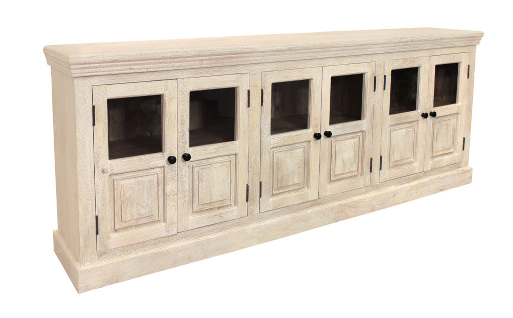 White Solid Wood Distressed Sideboard w/ 6 Glass Doors