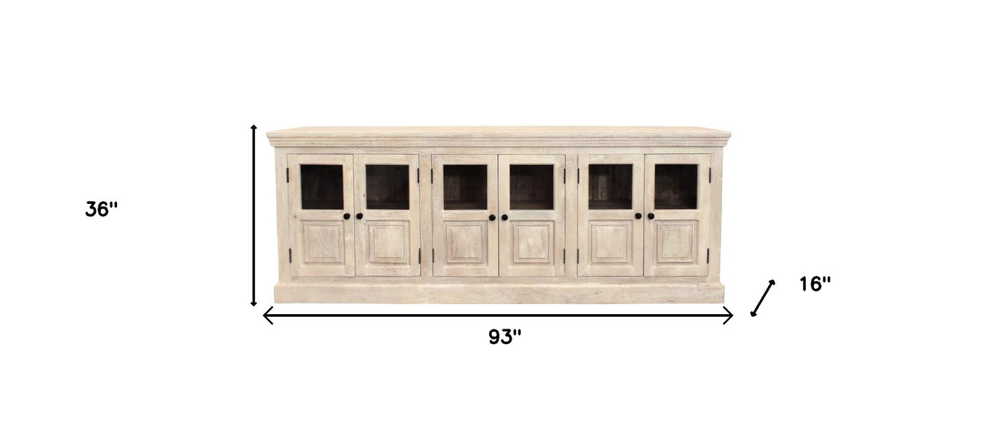 White Solid Wood Distressed Sideboard w/ 6 Glass Doors