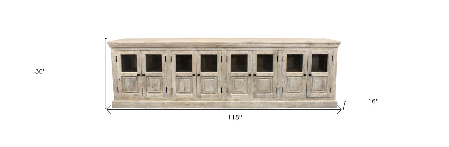White Solid Wood Distressed Sideboard w/ 8 Glass Doors
