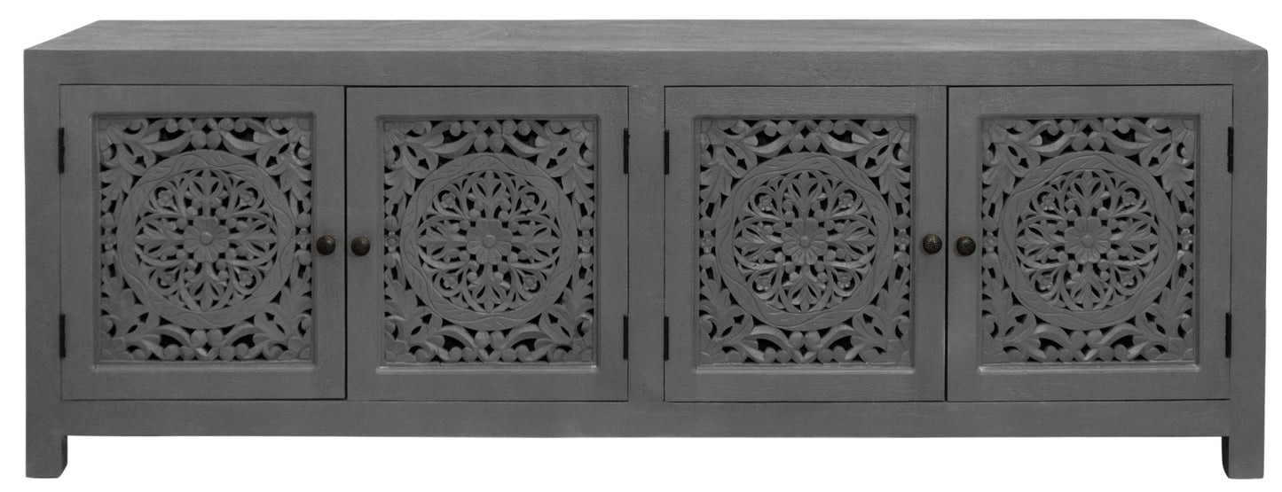 Dark Grey Carved Floral Distressed Solid Wood Media Console