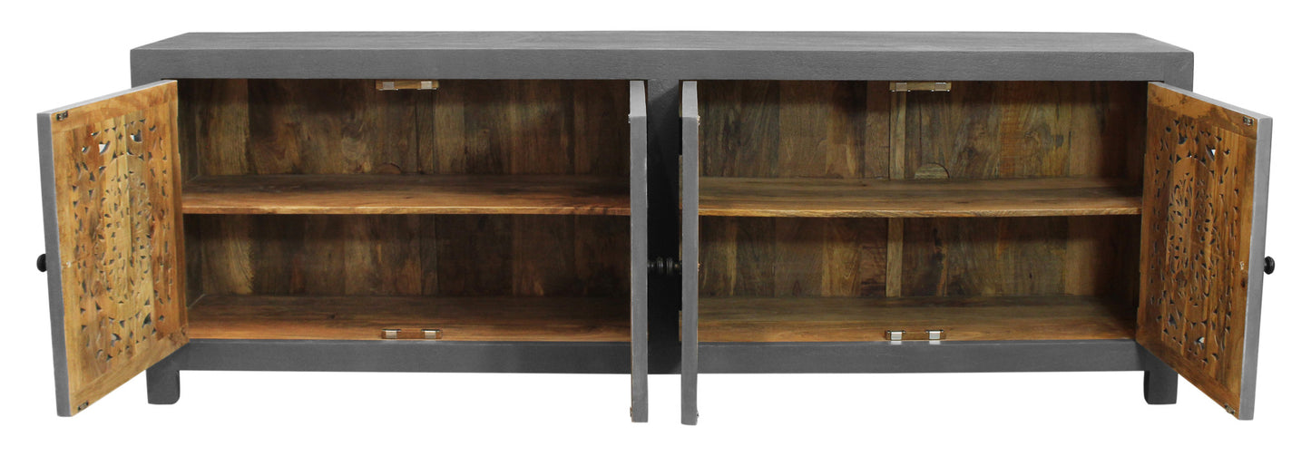 Dark Grey Carved Floral Distressed Solid Wood Media Console