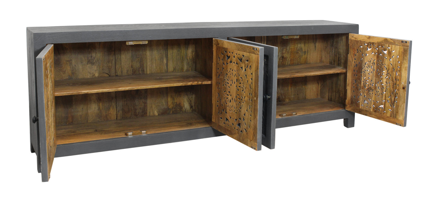 Dark Grey Carved Floral Distressed Solid Wood Media Console