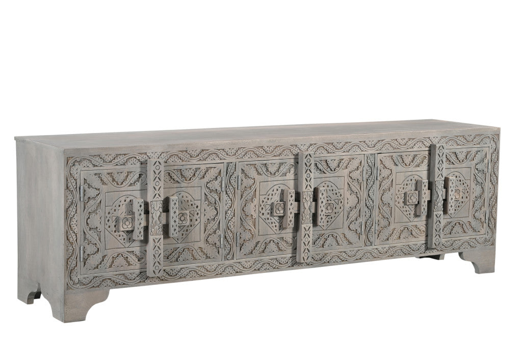 Grey Carved Scrollwork Distressed Solid Wood Media Console