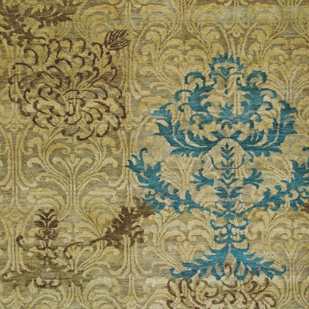 4 x 6 Tan Blue & Brown Floral Hand Knotted Rug