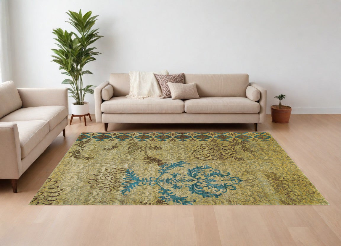 8 x 10 Tan Blue & Brown Floral Hand Knotted Rug