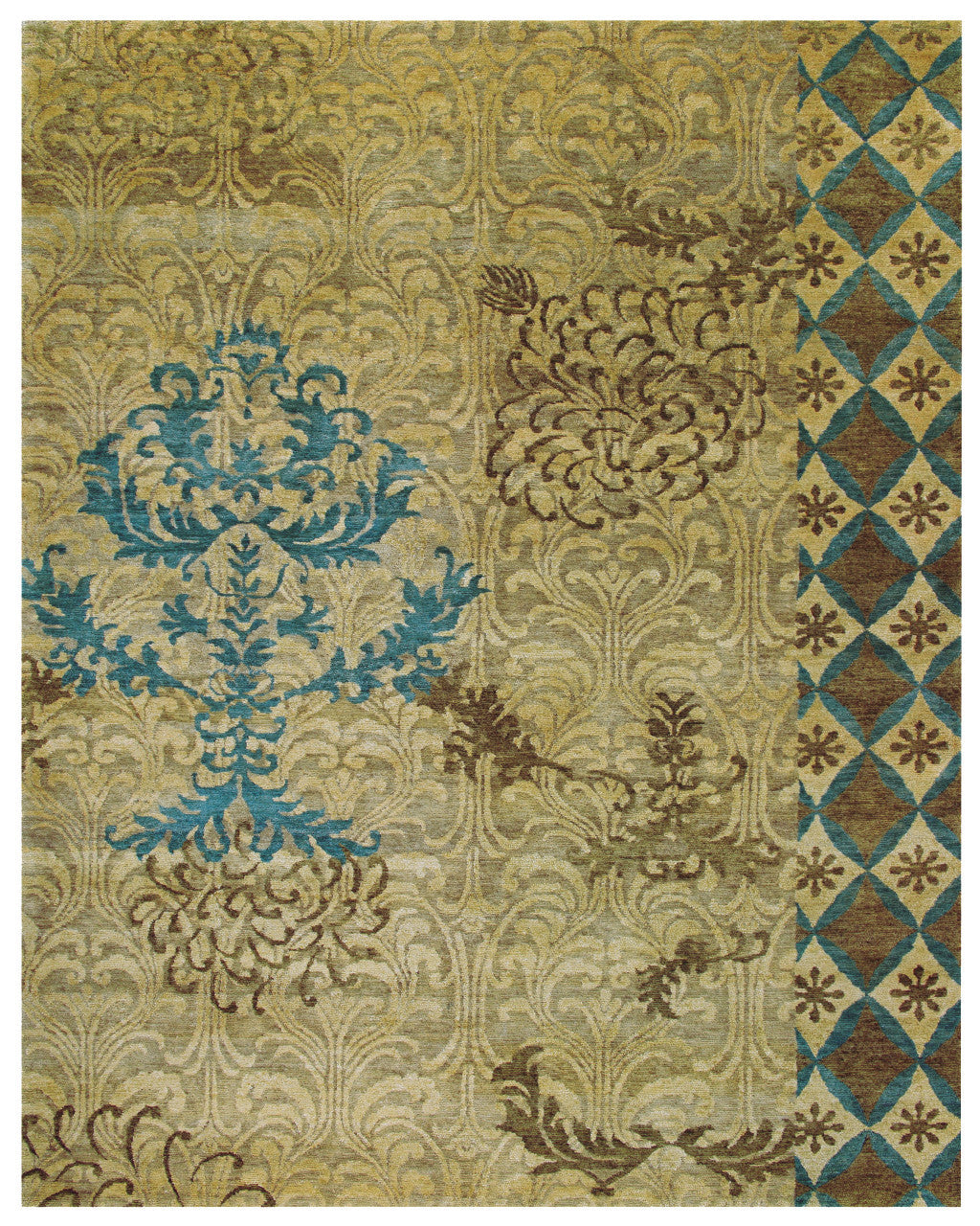 8 x 10 Tan Blue & Brown Floral Hand Knotted Rug