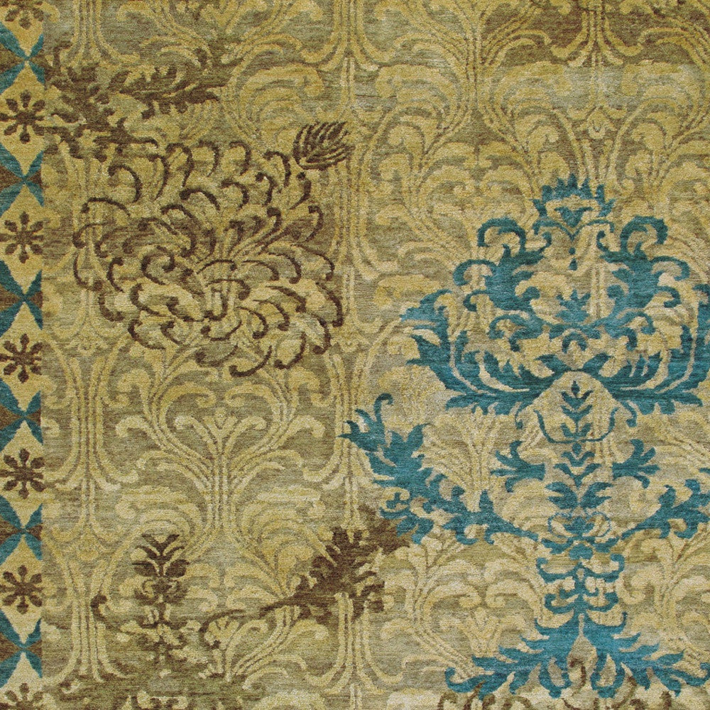 8 x 10 Tan Blue & Brown Floral Hand Knotted Rug