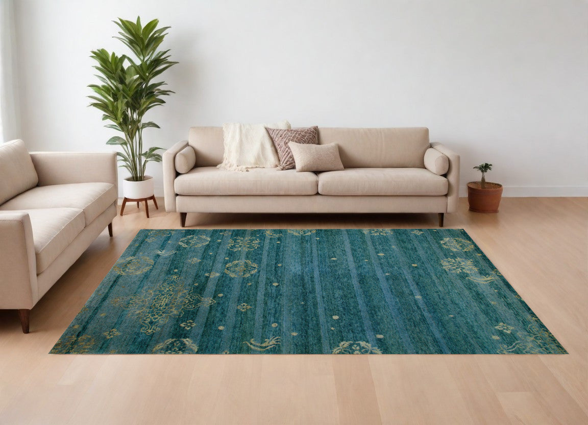 8 x 10 Tan Blue & Green Striped Hand Knotted Rug