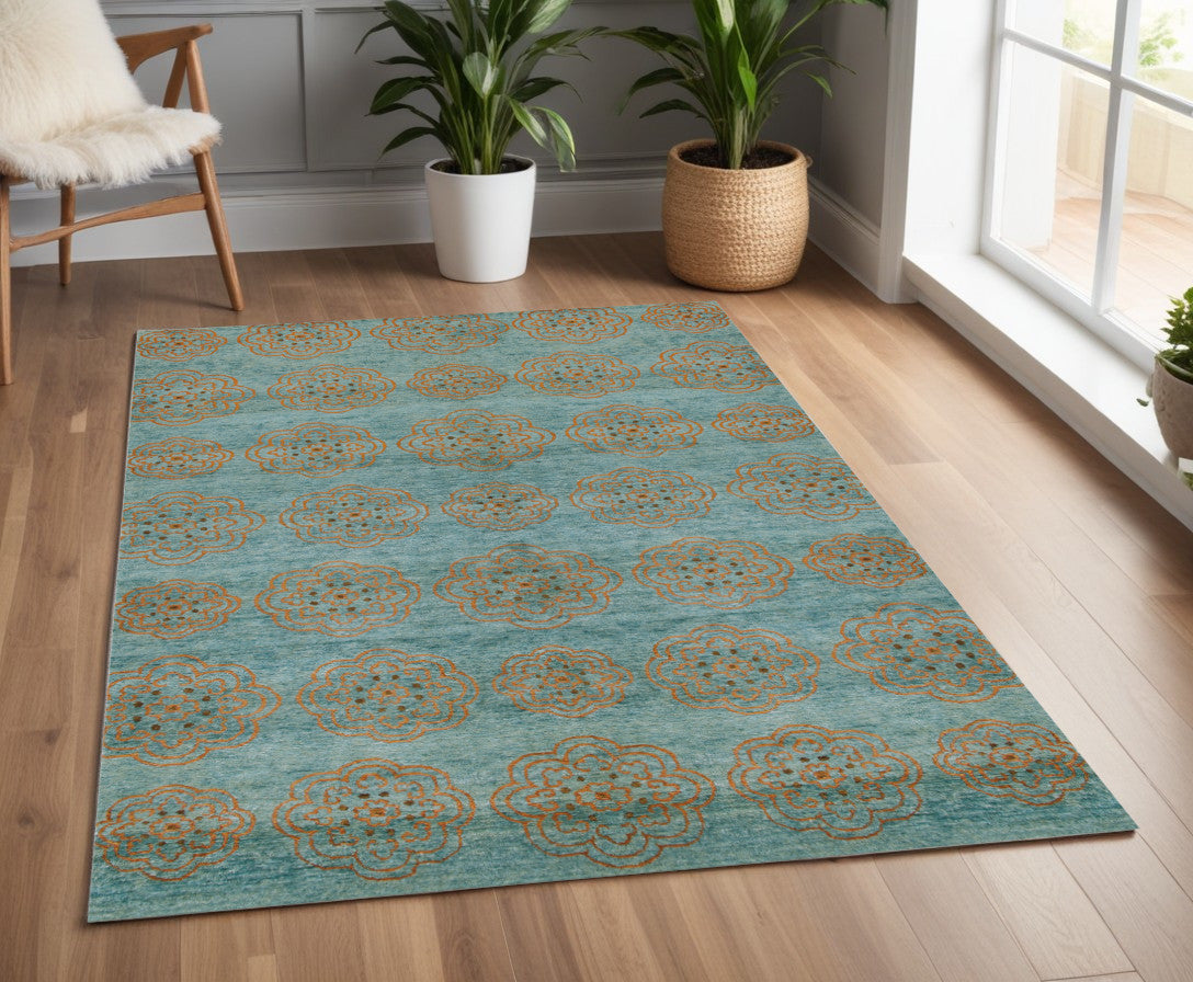 4 x 6 Green Blue & Taupe Floral Hand Knotted Rug