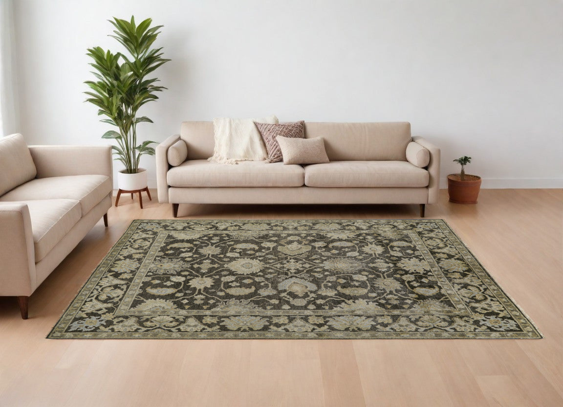 8 x 10 Taupe & Gray Wool Floral Hand Knotted Rug
