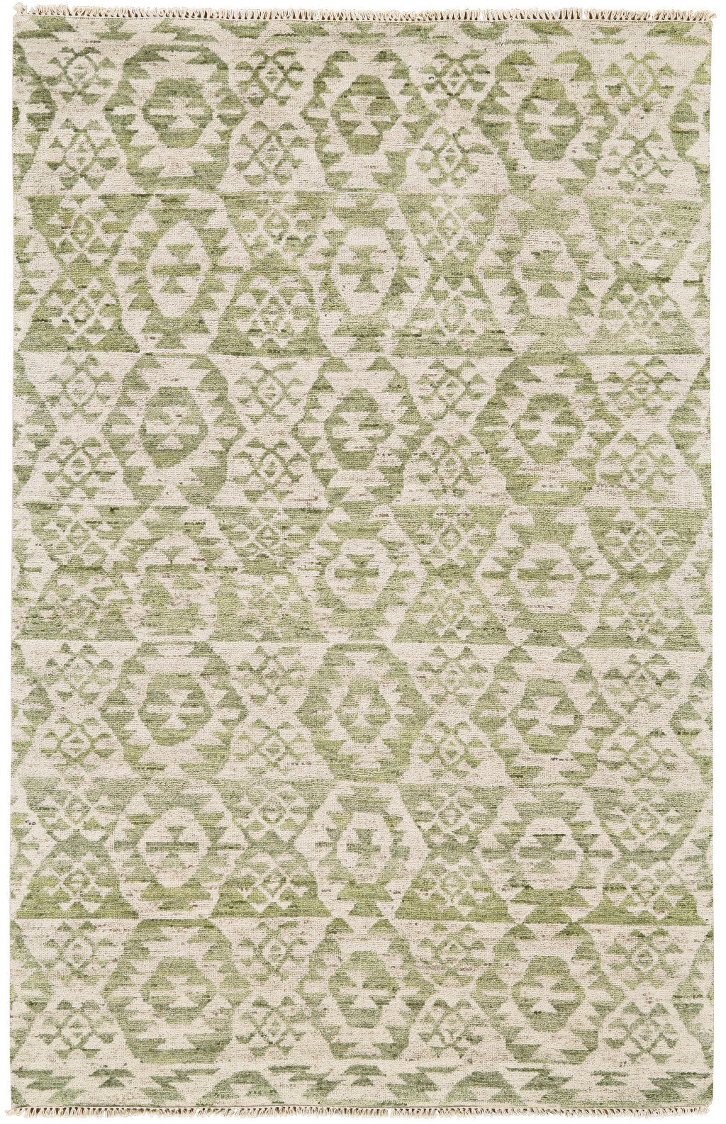 8 x 10 Green & Ivory Wool Southwestern Hand Knotted Rug