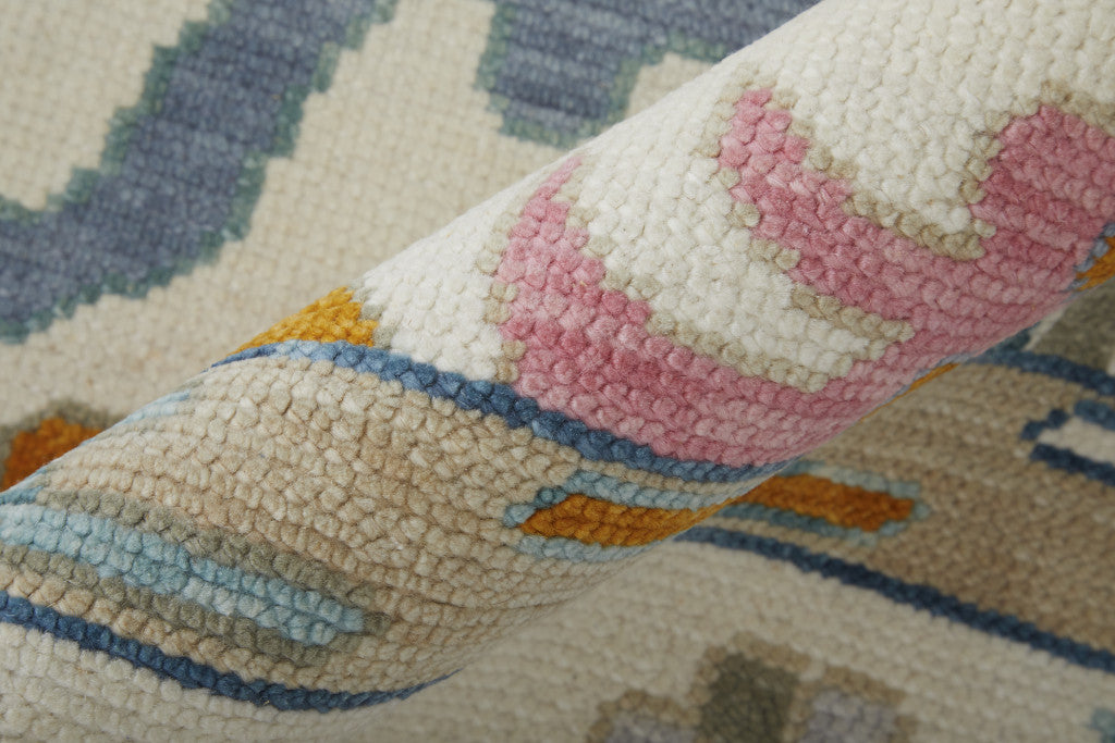 8 x 10 Blue Ivory & Pink Wool Floral Hand Knotted Rug With Fringe