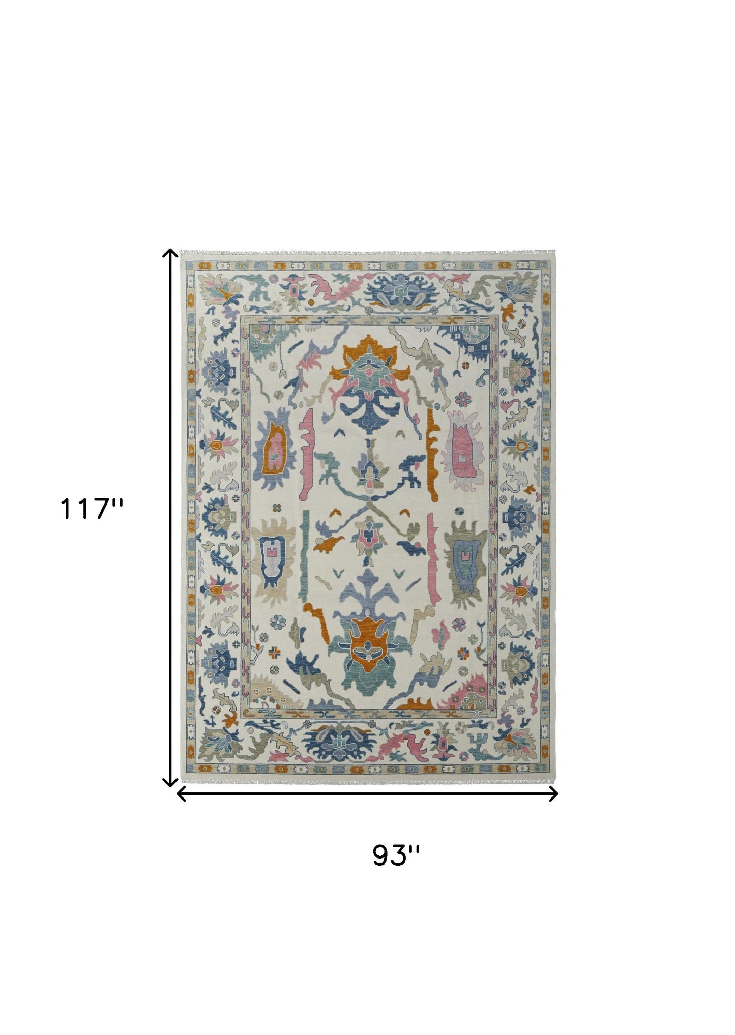 8 x 10 Blue Ivory & Pink Wool Floral Hand Knotted Rug With Fringe