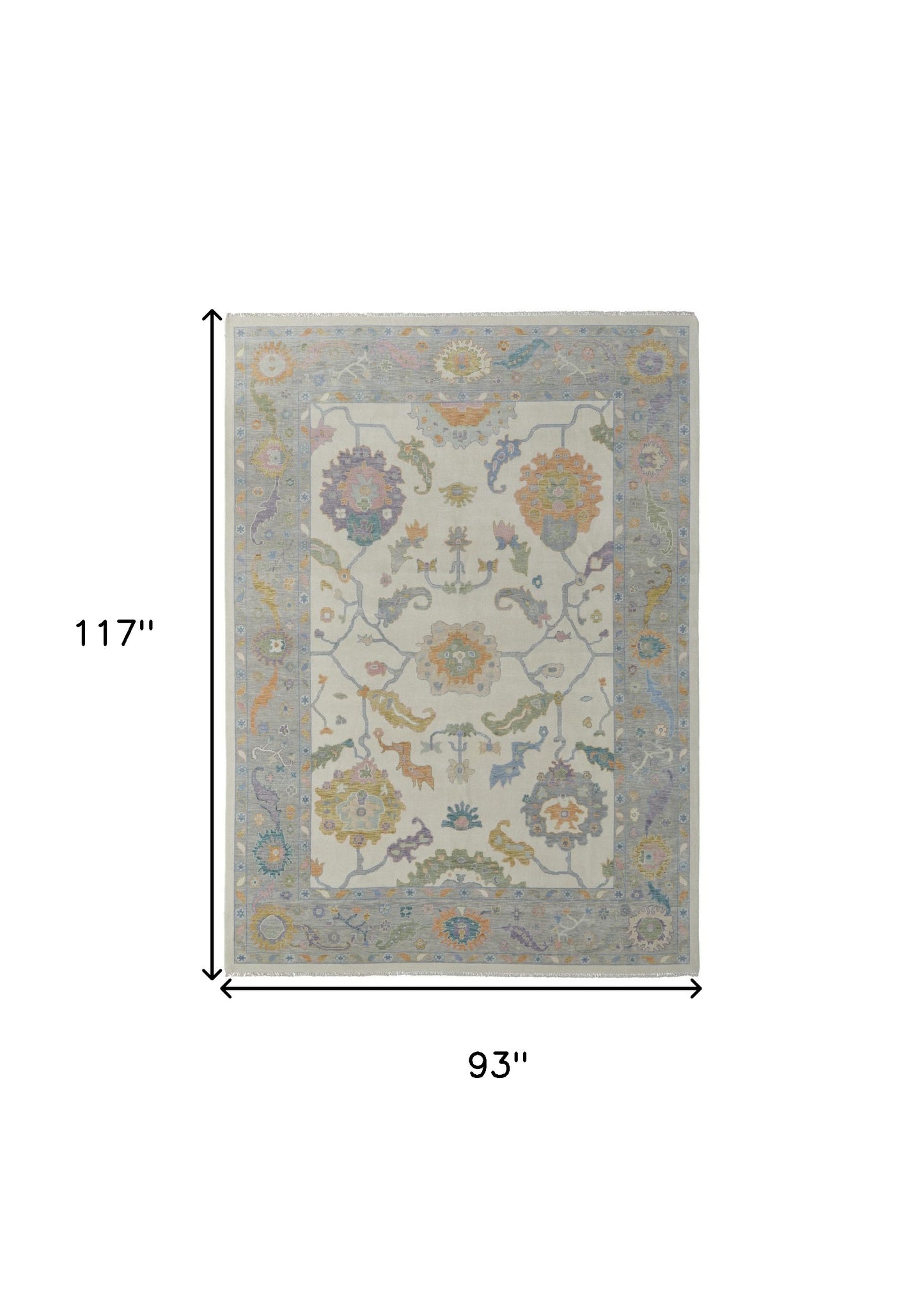 8 x 10 Gray Ivory & Orange Wool Floral Hand Knotted Rug With Fringe