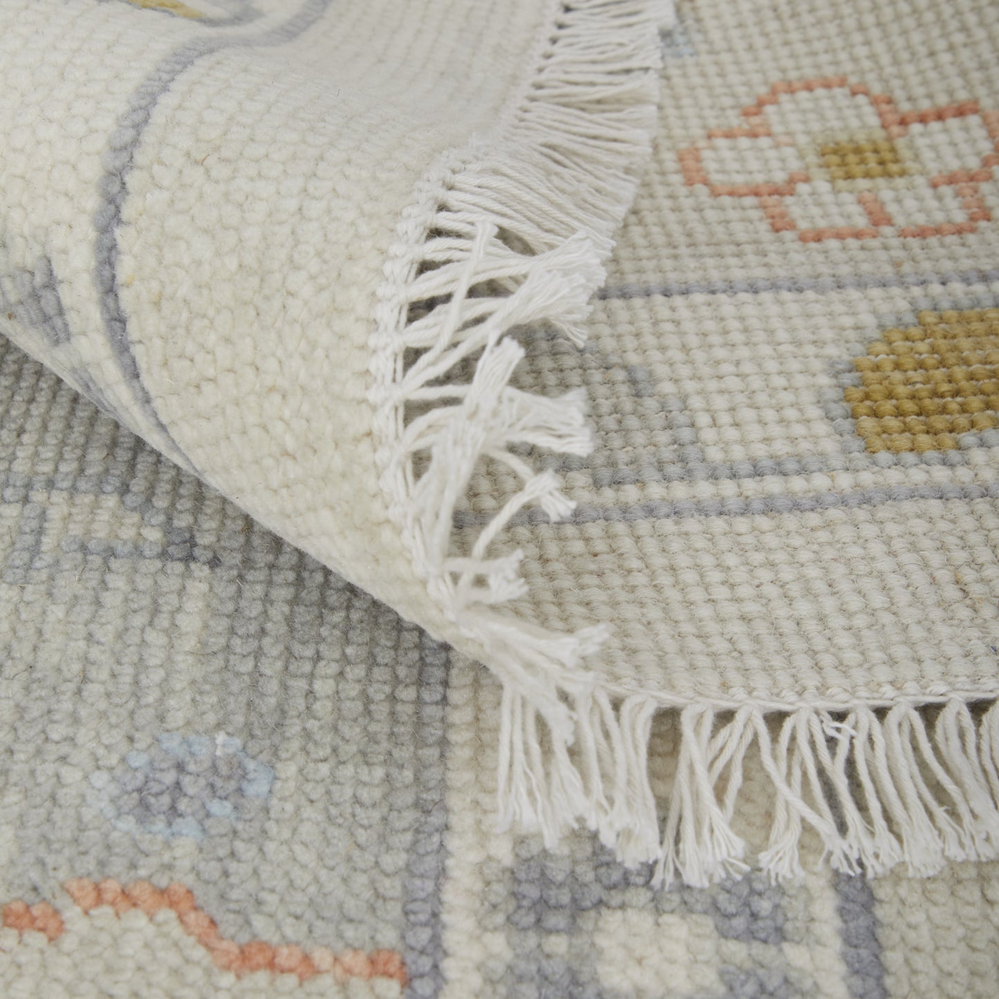 12 x 15 Gray Ivory & Gold Wool Floral Hand Knotted Rug With Fringe