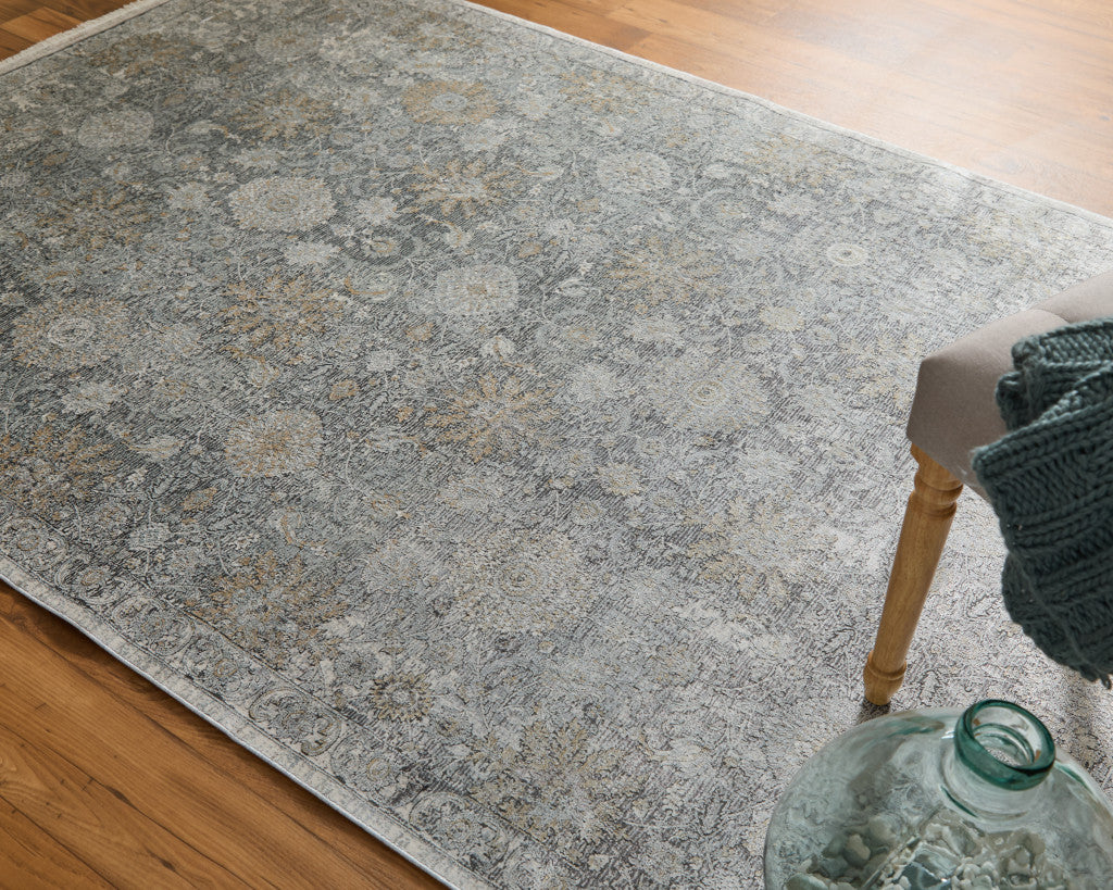 5 x 7 Gray & Silver Damask Power Loom Rug