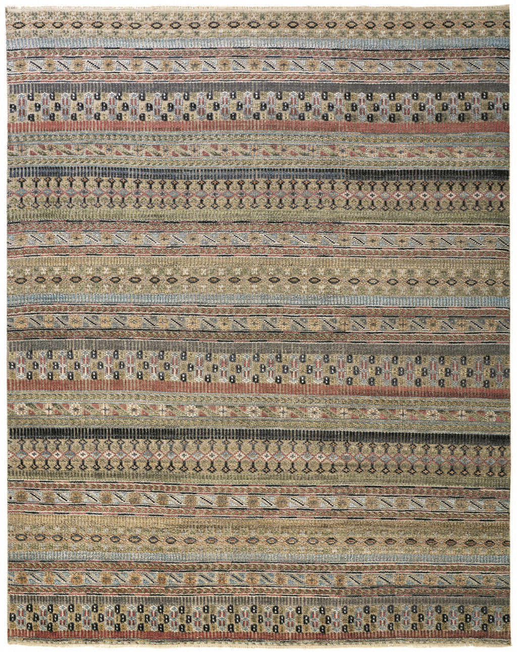 12 x 15 Tan Blue & Orange Striped Hand Knotted Rug