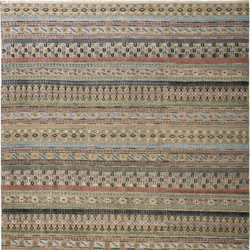 12 x 15 Tan Blue & Orange Striped Hand Knotted Rug