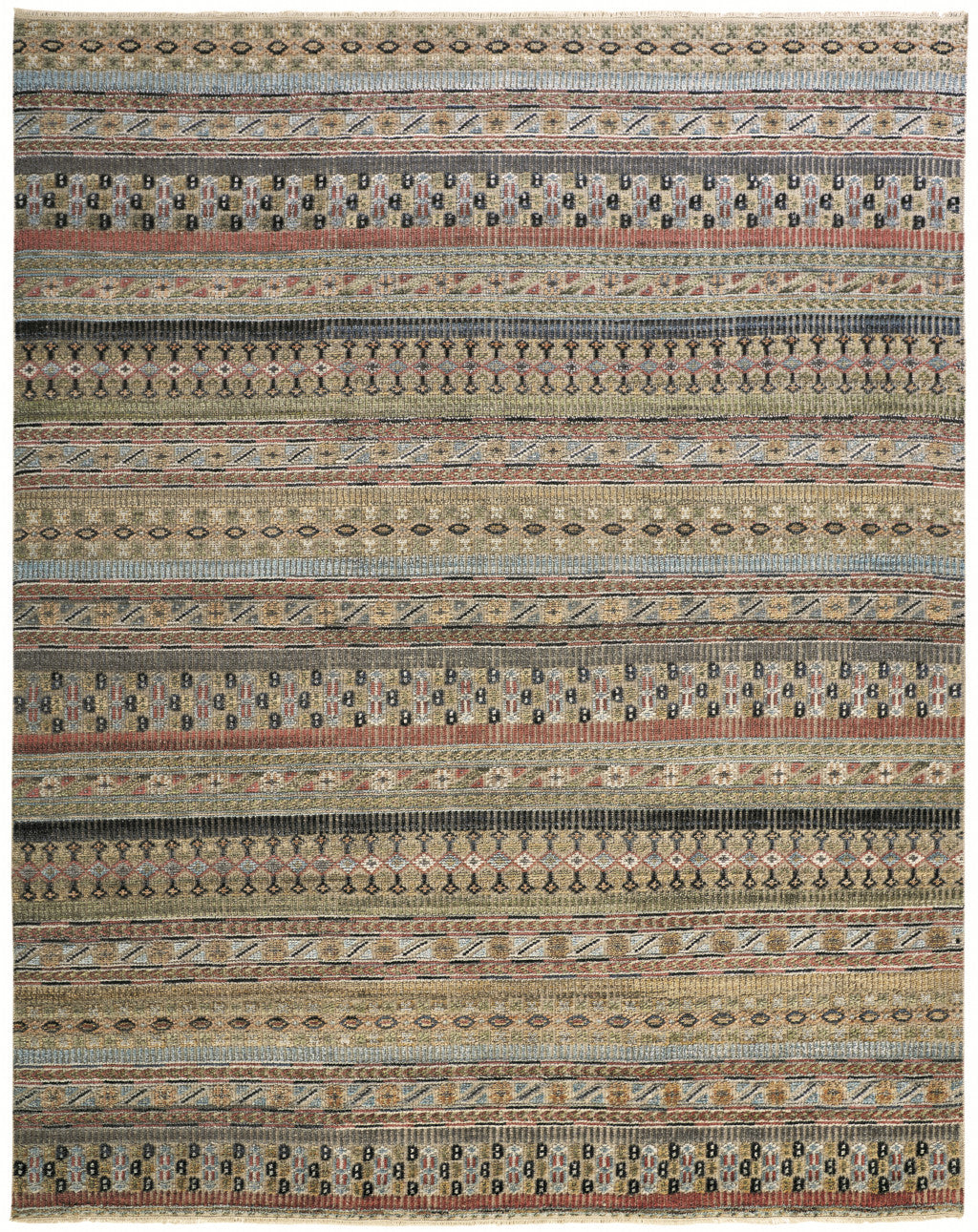 12 x 15 Tan Blue & Orange Striped Hand Knotted Rug