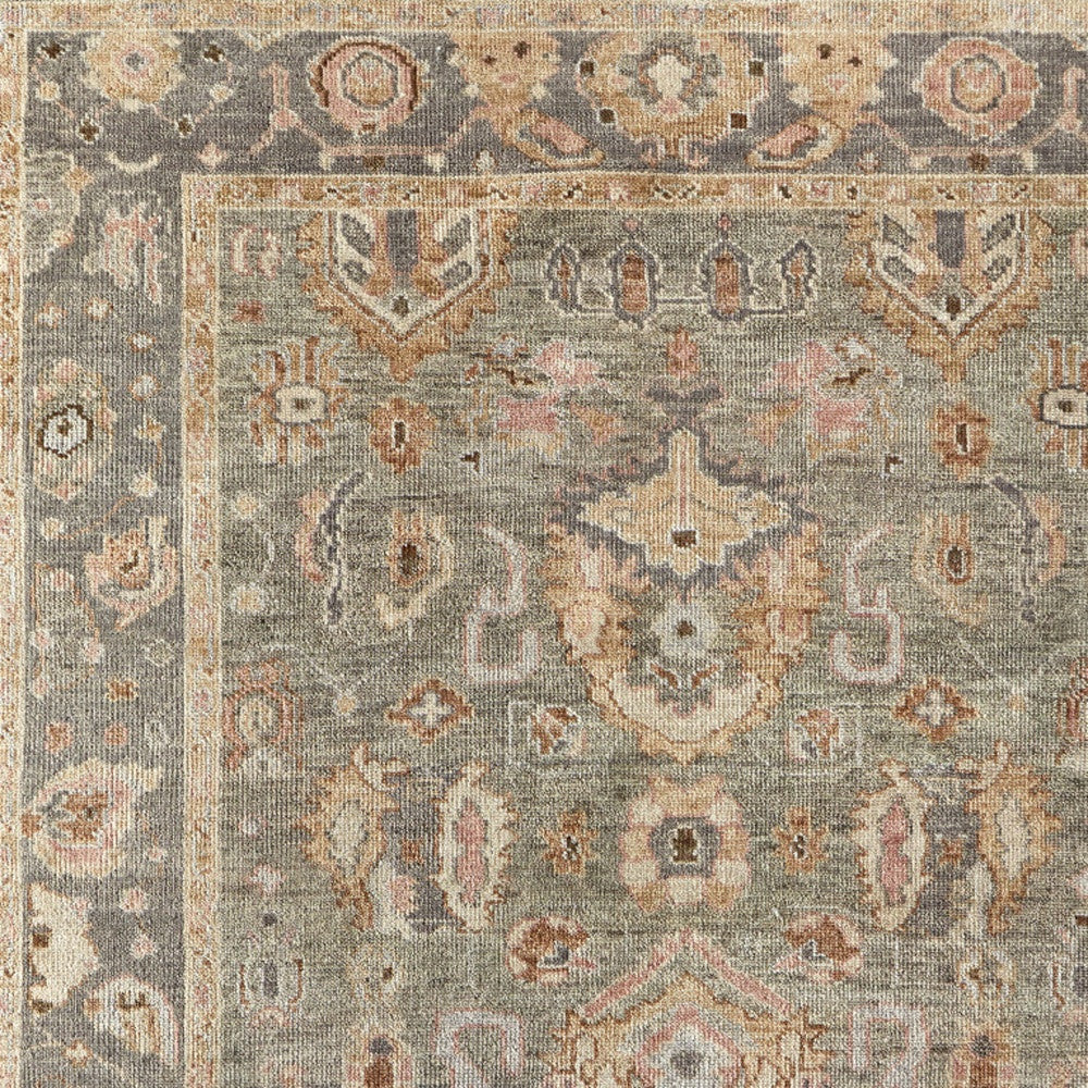 8 x 10 Gray & Gold Wool Oriental Hand Knotted Rug With Fringe