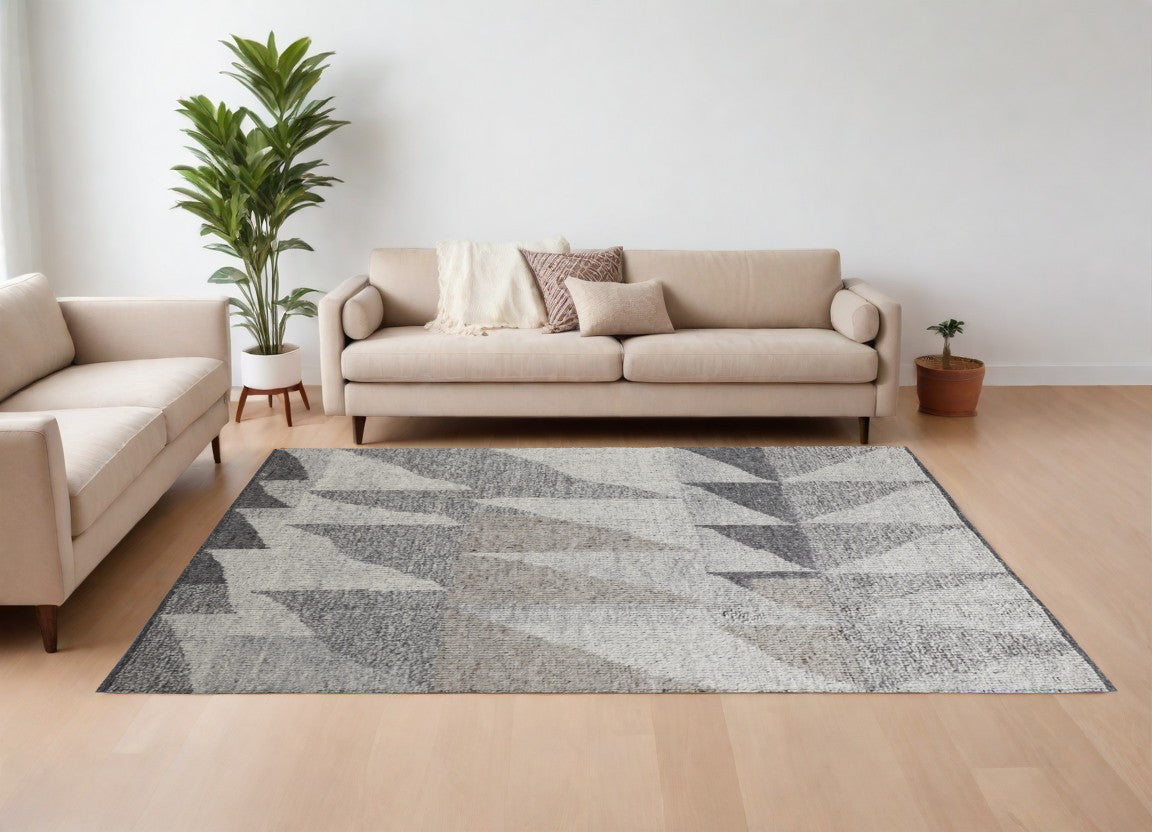 8 x 10 Gray & Ivory Wool Geometric Hand Knotted Rug