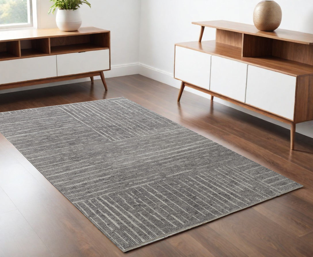 4 x 6 Gray & Ivory Wool Checkered Hand Knotted Rug
