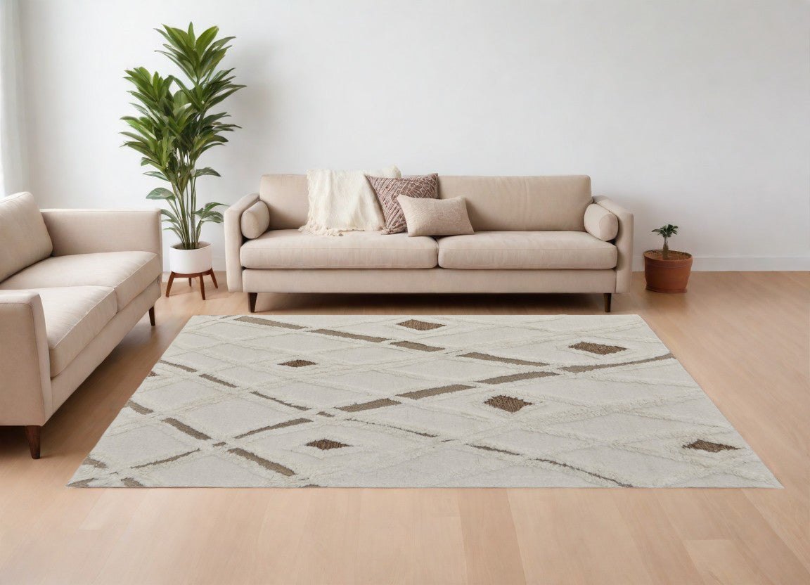 8 x 10 Ivory Taupe & Brown Wool Geometric Hand Tufted Rug