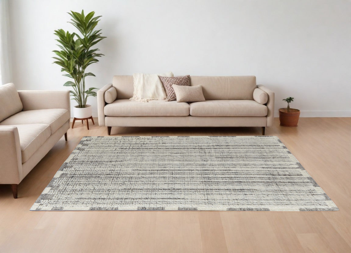 8 x 10 Gray & Ivory Wool Striped Hand Woven Rug