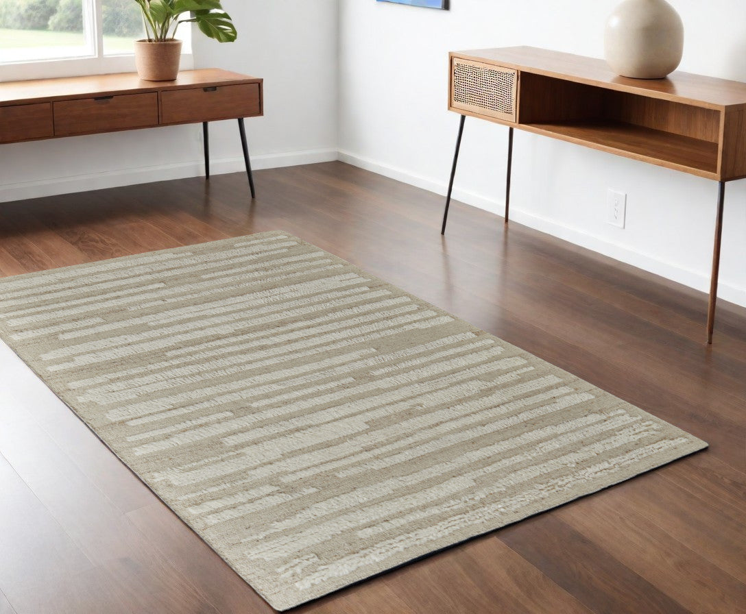 4 x 6 White & Tan Wool Striped Hand Woven Rug